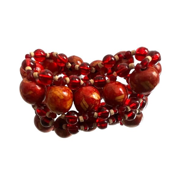 Tribal Beaded Double Strand Stretch Bracelet Red and Yellow Marble Womens - Picture 3 of 5